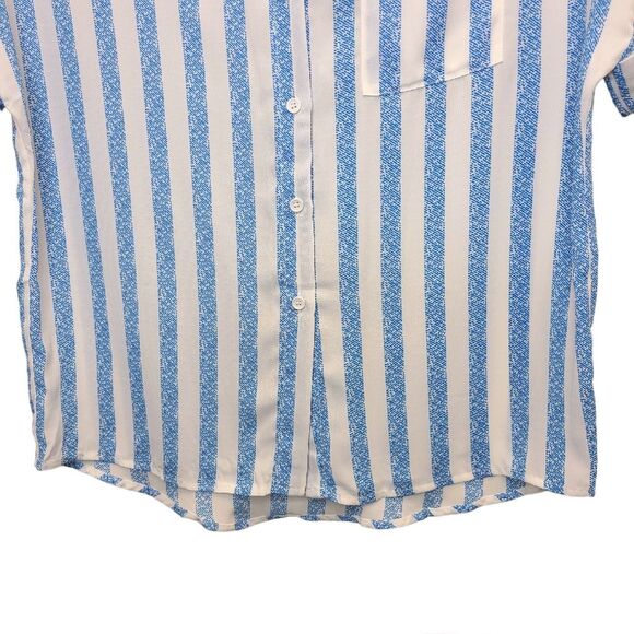 Womens Blue White Striped Print Batwing Sleeve Pocket Blouse Top S - Picture 2 of 11